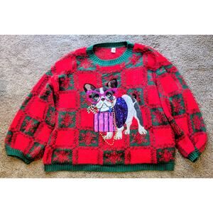 Ugly Christmas Sweater Dog Graphic Red Green Holiday Knit Pullover